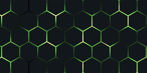 Fototapeta premium Dark hexagonal technology vector abstract background. Green bright energy flashes under hexagon in futuristic illustration modern technology background. Vector Illustration
