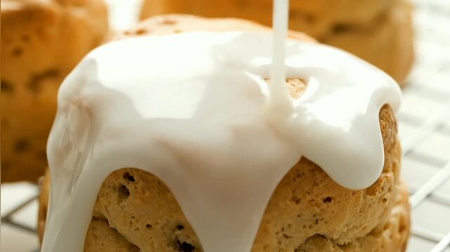 white icing drizzled on freshly baked scone