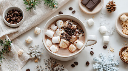 Flat lay of rich hot chocolate with toasted marshmallows and chocolate shavings, styled with snowflake decor on a clean white table.
