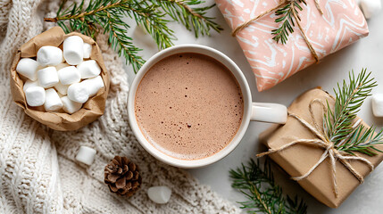 Festive flat lay of hot cocoa surrounded by wrapped gifts, fir branches, and marshmallows, evoking cozy Christmas morning charm.