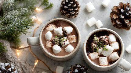 Flat lay of rich hot chocolate with toasted marshmallows and chocolate shavings, styled with snowflake decor on a clean white table.