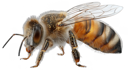 This is a close-up image of a honeybee showing its detailed body, wings, and various anatomical features.