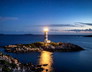 Lighthouse beacon on a small island at night
