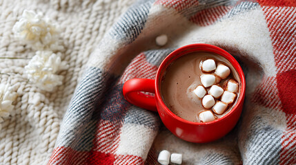 Minimalist composition featuring hot chocolate in a red mug with marshmallows on soft plaid fabric, leaving space for festive greetings.