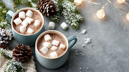 Cozy flat lay of hot chocolate topped with marshmallows on a snowy white surface, perfect for winter comfort and festive holiday scenes.