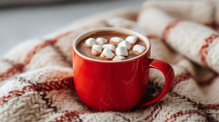 Minimalist composition featuring hot chocolate in a red mug with marshmallows on soft plaid fabric, leaving space for festive greetings.