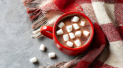 Minimalist composition featuring hot chocolate in a red mug with marshmallows on soft plaid fabric, leaving space for festive greetings.