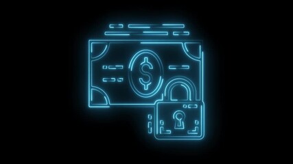 Cyber security neon animation finance technology with lock and dollar bill on black background - Powered by Adobe