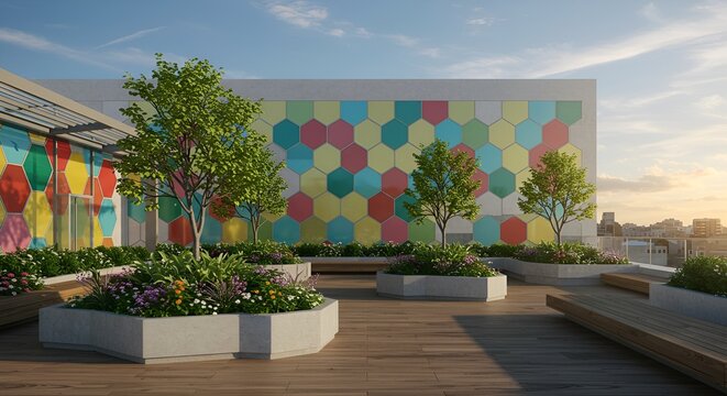Lush rooftop garden with young trees and colorful flowerbeds against a geometric patterned wall.