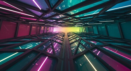 Fototapeta premium Looking up at an abstract building featuring neon lights and colorful glass facades.