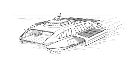 Sleek solar-powered catamaran glides through ocean waves, showcasing innovative design and sustainable future of marine transport with modern interior