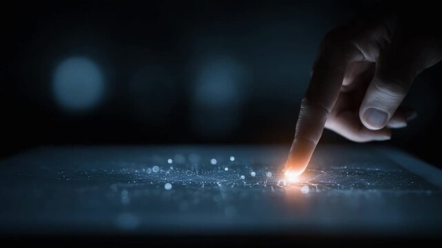 Digitally Connected: A close-up shot of a hand interacts with a futuristic digital interface, signifying connectivity and technological innovation.  - Powered by Adobe