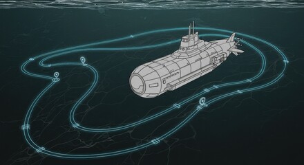 Advanced submarine navigates deep ocean with futuristic sonar tracking and route planning, illustrating naval strategy and modern exploration.