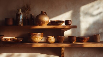 Ceramic vessels and bowls displayed on wooden shelves bathed in sunlight.