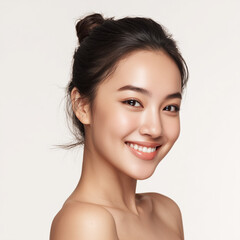 studio portrait of a beautiful young East Asian woman, smiling gently, shoulders bare