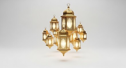 Obraz premium A cluster of glowing golden Islamic lanterns with intricate designs on a light background, symbolizing festive traditions.
