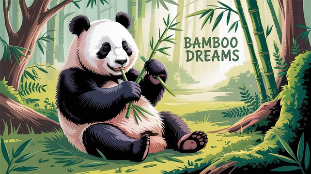 Playful Panda Enjoying Bamboo in Lush Green Forest Landscape