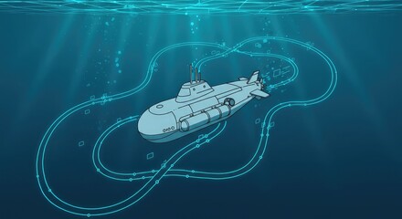 Advanced submarine navigates deep ocean with futuristic digital network overlaying its path, symbolizing technological exploration and underwater connectivity.