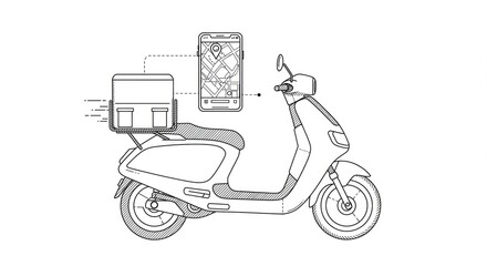 Modern scooter with delivery box and navigation app on phone for efficient urban logistics and quick transport solutions