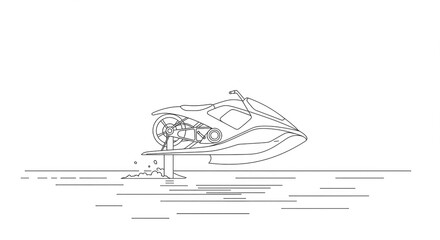 Sleek futuristic hydrofoil jet ski glides effortlessly over calm water creating dynamic spray, perfect for adventure and modern water sports promotion
