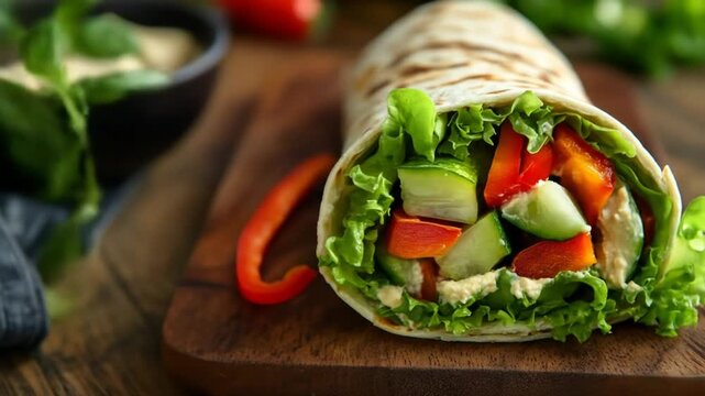 Fresh vegetable wrap with colorful ingredients on a wooden board