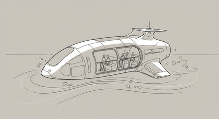 Futuristic passenger submarine glides through ocean waves, offering a glimpse into modern underwater exploration and advanced transport concepts for commercial appeal.