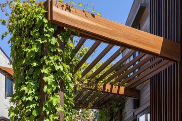 A wooden pergol with vines growing on it