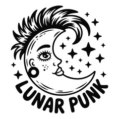 Hand drawn illustration of a crescent moon with a punk rock hairstyle and stars