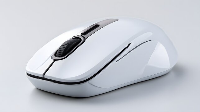 White wireless computer mouse with scroll wheel on a gray background. - Powered by Adobe