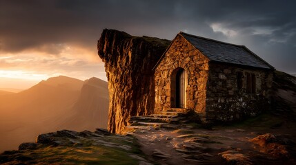 Stone building on cliff edge at sunset illuminates mountains.