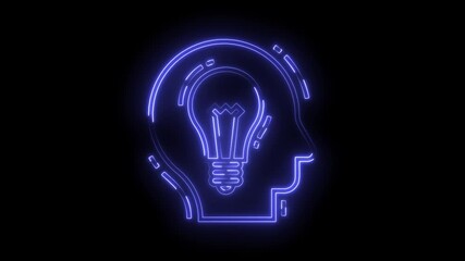 Neon head with lightbulb icon animation idea generation brainstorming concept on black background
