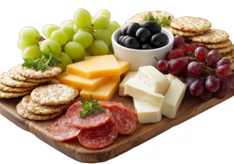 A wooden platter with assorted cheeses, grapes, crackers, and salami, showcasing a delicious appetizer combination.