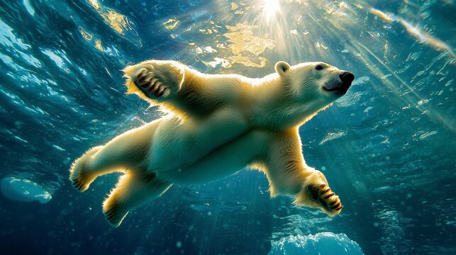 Polar bear swimming gracefully in arctic waters wildlife photography underwater scene natural habitat close-up perspective - Powered by Adobe