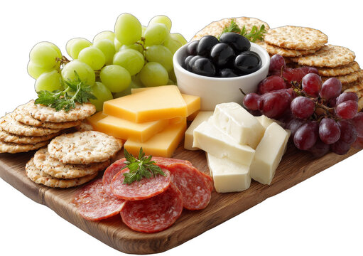 A wooden platter with assorted cheeses, grapes, crackers, and salami, showcasing a delicious appetizer combination.