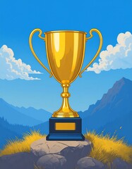 Golden trophy on a mountain top