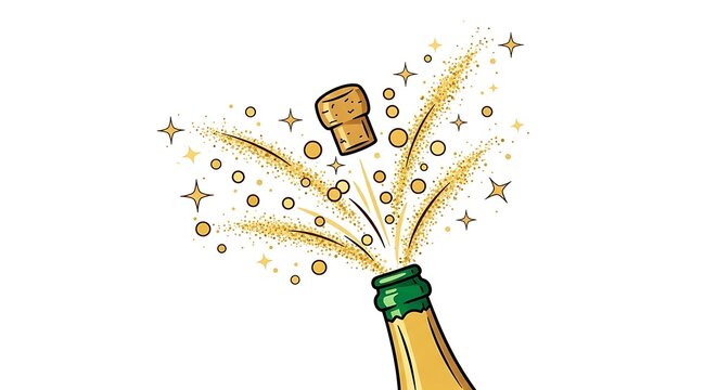 Illustration of a champagne bottle cork popping with a spray of golden glitter and stars for a celebration.