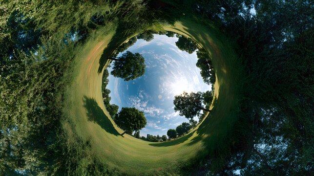 Green landscape with trees and blue sky in a tiny planet perspective.