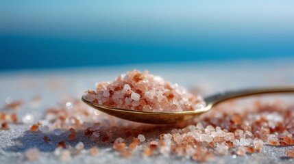 Close-up of Himalayan pink salt on a golden spoon with blurred blue background