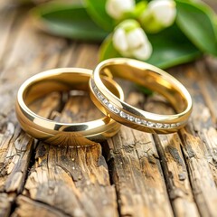 Golden wedding rings on rustic wood with flowers