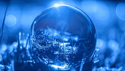 A glowing crystal sphere reflecting a digitally enhanced world sits in blue-tinted grass, symbolizing future technology and vision