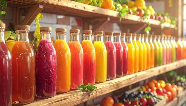 Colorful fruit juices in creative glass bottles with vibrant labels, displayed on wooden shelves in a modern organic market, symbolizing freshness and healthy lifestyle. - Powered by Adobe