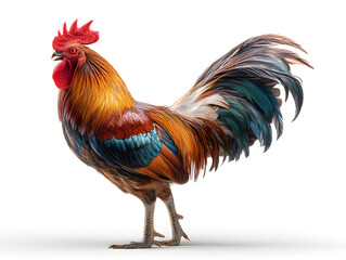 Fototapeta premium Ultra-realistic studio photograph of a colorful rooster with vibrant feathers and a striking profile in cinematic lighting