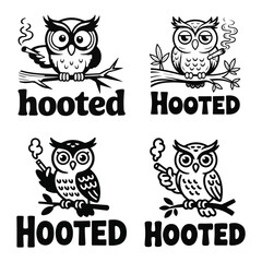 Four cartoon owls sitting on branches smoking cigarettes with the word hooted below each illustration