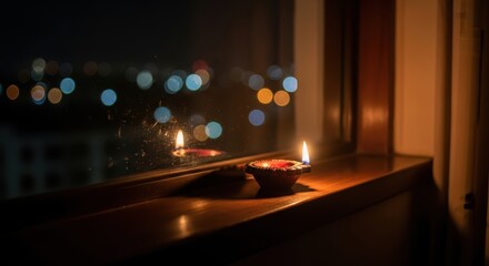 Diwali's gentle flame illuminates the night from a windowsill, casting a warm glow into a peaceful home.