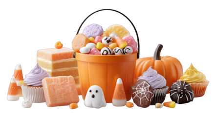 An array of Halloween candies including a bucket full of assorted candies, cupcakes, candy corn, and a pumpkin decoration.
