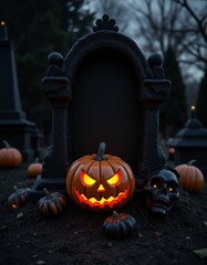 Obraz premium Spooky tombstone scene halloween pumpkin and skull render on black halloween costumes holiday party horror design custom scary