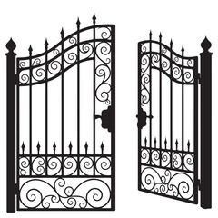 Ornate Wrought Iron Gate Open Silhouette on White Background