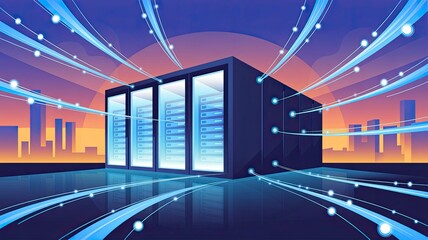 Data Center with Server Racks and Light Trails at Sunset