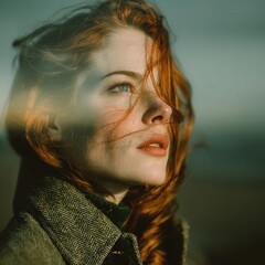 A red-haired woman stands confidently in golden desert wind as a wild cat face blends into light and shadow, symbolizing strength and freedom.