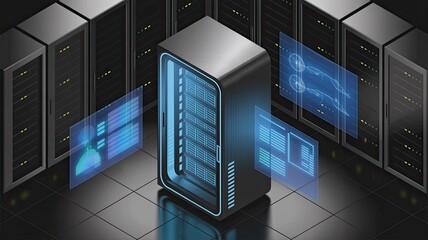 Futuristic Data Center with Server Rack and Digital Screens Displaying Data